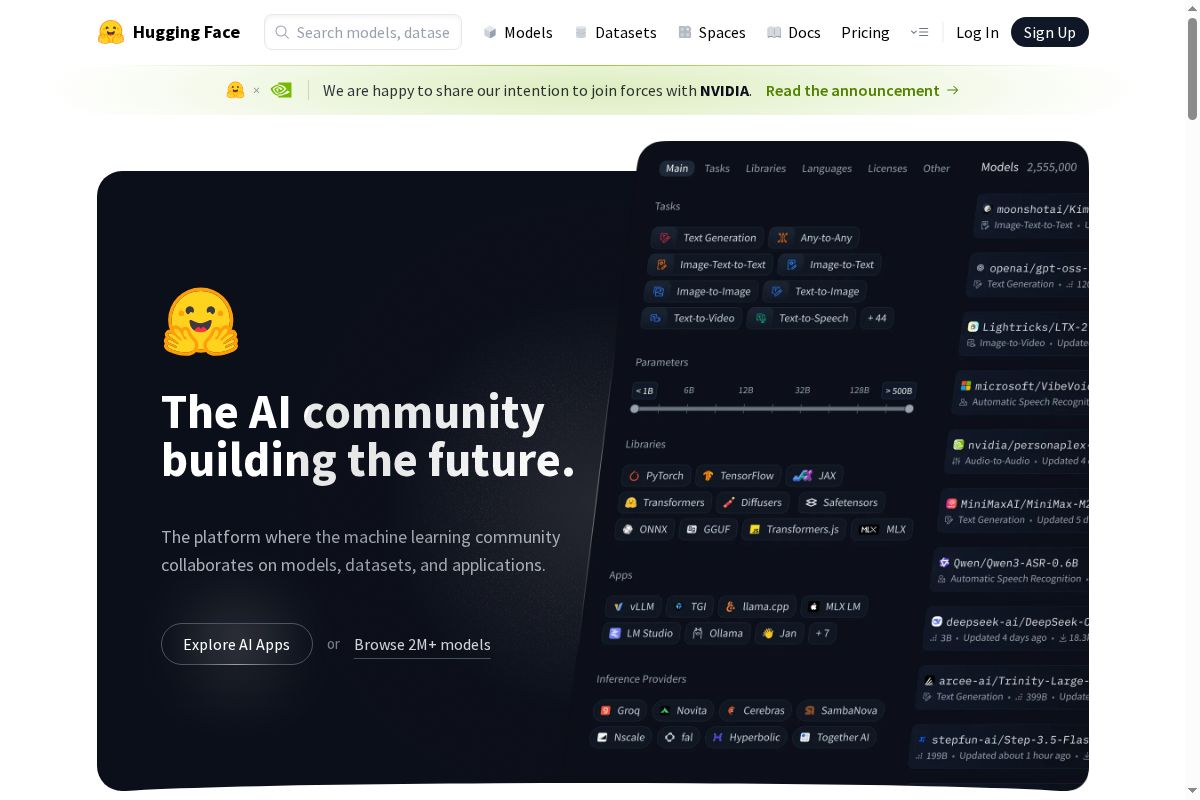 Hugging Face homepage with the Nvidia announcement banner